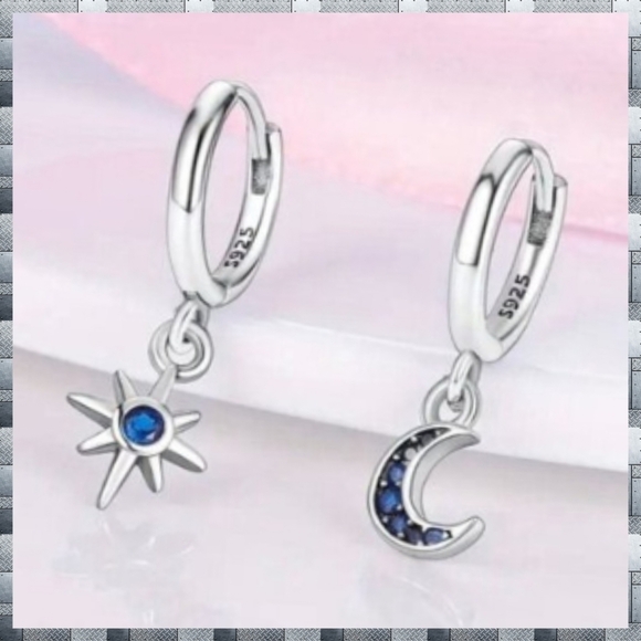 Moon & Star Earrings Sterling Silver Blue Rhinestone Small Hoop earring Trending - Picture 3 of 9